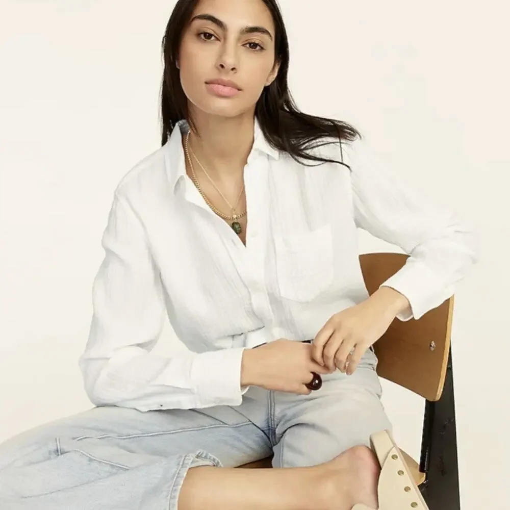 J Crew Classic Fit White Soft Crinkle Gauze Shirt Cotton NEW Size 4